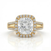 Yellow Gold Cushion Cut Diamond Halo Engagement Ring With Split Pave Shank
