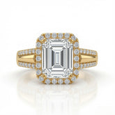 Yellow Gold Emerald Cut Diamond Halo Engagement Ring With Split Pave Shank