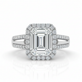 Silver Emerald Cut Diamond Halo Engagement Ring With Split Pave Shank