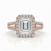 Rose Gold Emerald Cut Diamond Halo Engagement Ring With Split Pave Shank