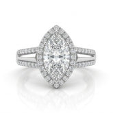 Silver Marquise Cut Diamond Halo Engagement Ring With Split Pave Shank