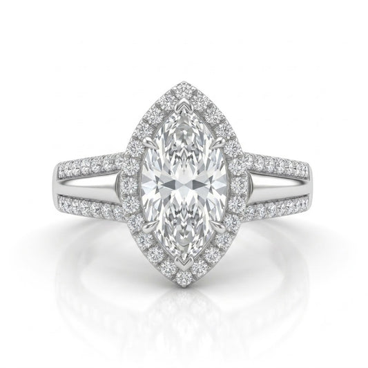 Silver Marquise Cut Diamond Halo Engagement Ring With Split Pave Shank
