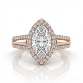 Rose Gold Marquise Cut Diamond Halo Engagement Ring With Split Pave Shank