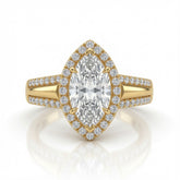 Yellow Gold Marquise Cut Diamond Halo Engagement Ring With Split Pave Shank