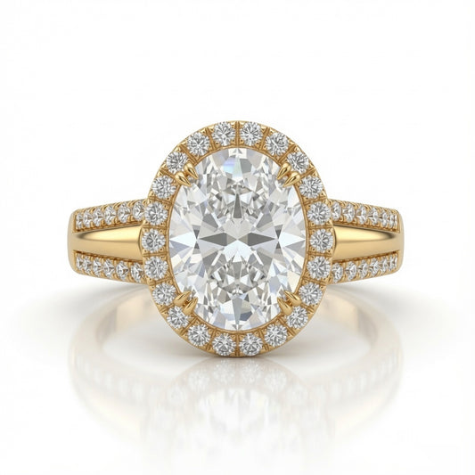 Yellow Gold Oval Cut Diamond Halo Engagement Ring With Split Pave Shank