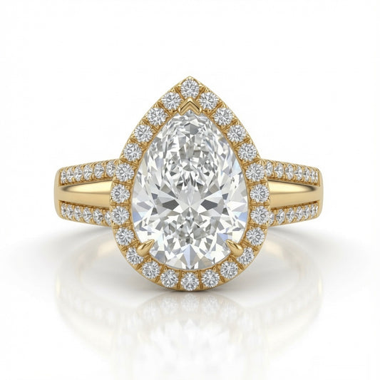 Yellow Gold Pear Cut Diamond Halo Engagement Ring With Split Pave Shank