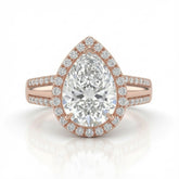 Rose Gold Pear Cut Diamond Halo Engagement Ring With Split Pave Shank