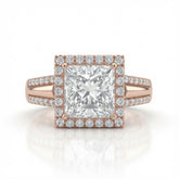 Rose Gold Princess Cut Diamond Halo Engagement Ring With Split Pave Shank