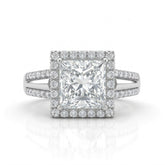 Silver Princess Cut Diamond Halo Engagement Ring With Split Pave Shank