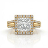 Yellow Gold Princess Cut Diamond Halo Engagement Ring With Split Pave Shank