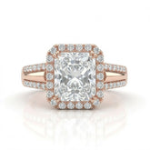 Rose Gold Radiant Cut Diamond Halo Engagement Ring With Split Pave Shank