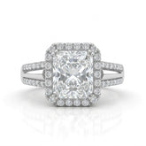 Silver Radiant Cut Diamond Halo Engagement Ring With Split Pave Shank