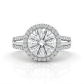 Silver Round Cut Diamond Halo Engagement Ring With Split Pave Shank