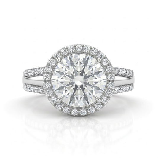 Silver Round Cut Diamond Halo Engagement Ring With Split Pave Shank