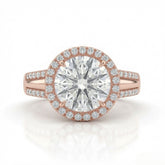 Rose Gold Round Cut Diamond Halo Engagement Ring With Split Pave Shank