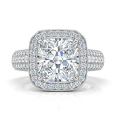 Silver Caelvani Cushion Cut Diamond Halo Engagement Ring With Triple Row Pave Shank
