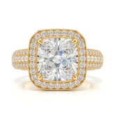 Yellow Gold Caelvani Cushion Cut Diamond Halo Engagement Ring With Triple Row Pave Shank