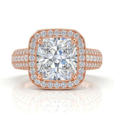 Rose Gold Caelvani Cushion Cut Diamond Halo Engagement Ring With Triple Row Pave Shank