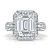 White Gold Caelvani Emerald Cut Diamond Halo Engagement Ring With Triple Row Pave Shank