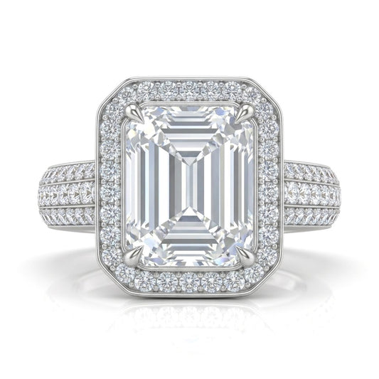 White Gold Caelvani Emerald Cut Diamond Halo Engagement Ring With Triple Row Pave Shank