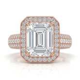Rose Gold Caelvani Emerald Cut Diamond Halo Engagement Ring With Triple Row Pave Shank