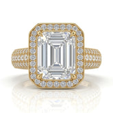 Yellow Gold Caelvani Emerald Cut Diamond Halo Engagement Ring With Triple Row Pave Shank