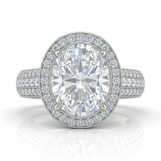 Silver Caelvani Oval Cut Diamond Halo Engagement Ring With Triple Row Pave Shank
