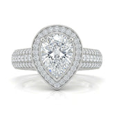 Silver Caelvani Pear Cut Diamond Halo Engagement Ring With Triple Row Pave Shank