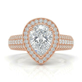 Rose Gold Caelvani Pear Cut Diamond Halo Engagement Ring With Triple Row Pave Shank