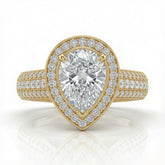 Yellow Gold Caelvani Pear Cut Diamond Halo Engagement Ring With Triple Row Pave Shank