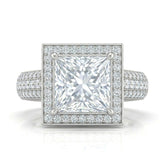 Silver Caelvani Princess Cut Diamond Halo Engagement Ring With Triple Row Pave Shank