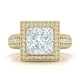 Yellow Gold Caelvani Princess Cut Diamond Halo Engagement Ring With Triple Row Pave Shank