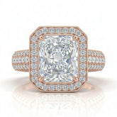 Rose Gold Caelvani Radiant Cut Diamond Halo Engagement Ring With Triple Row Pave Shank