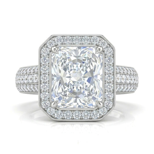 White Gold Caelvani Radiant Cut Diamond Halo Engagement Ring With Triple Row Pave Shank