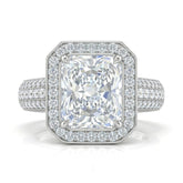 Silver Caelvani Radiant Cut Diamond Halo Engagement Ring With Triple Row Pave Shank