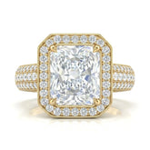 Yellow Gold Caelvani Radiant Cut Diamond Halo Engagement Ring With Triple Row Pave Shank