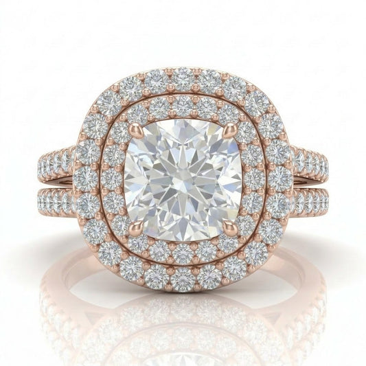 Rose Gold Celestique Cushion Double Halo Diamond Engagement Ring