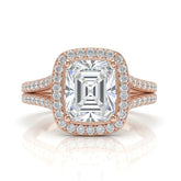 Rose Gold Emerald Halo Split Shank Diamond Engagement Ring
