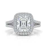 White Gold Emerald Halo Split Shank Diamond Engagement Ring