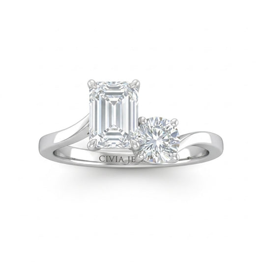 White Gold Maravelle Toi et Moi Emerald & Round Diamond Engagement Ring
