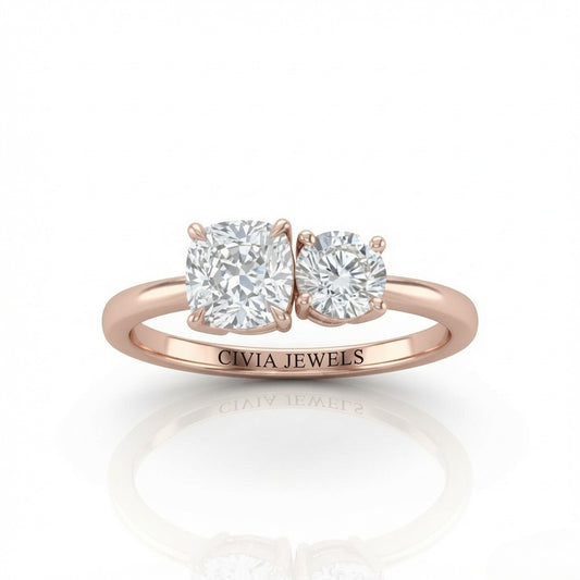 Rose Gold Amourique Toi et Moi Cushion & Round Diamond Engagement Ring