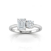 Silver Amourique Toi et Moi Emerald & Round Diamond Engagement Ring