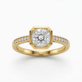 Yellow Gold Virelith Hexagon Bezel Cushion Diamond Engagement Ring With Channel Pave Band
