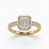 Yellow Gold Virelith Hexagon Bezel Emerald Diamond Engagement Ring With Channel Pave Band