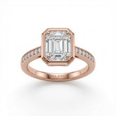 Rose Gold Virelith Hexagon Bezel Emerald Diamond Engagement Ring With Channel Pave Band
