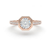 Rose Gold Virelith Hexagon Bezel Round Diamond Engagement Ring With Channel Pave Band