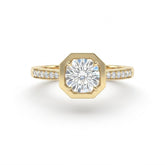Yellow Gold Virelith Hexagon Bezel Round Diamond Engagement Ring With Channel Pave Band