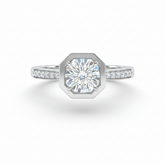White Gold Virelith Hexagon Bezel Round Diamond Engagement Ring With Channel Pave Band