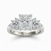 Silver Radiant Cut Engagement Ring With Marquise Diamond Cluster Side Accents