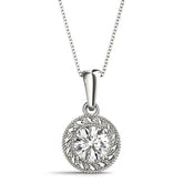 White gold Round Solitaire Milgrain Bezel Pendant